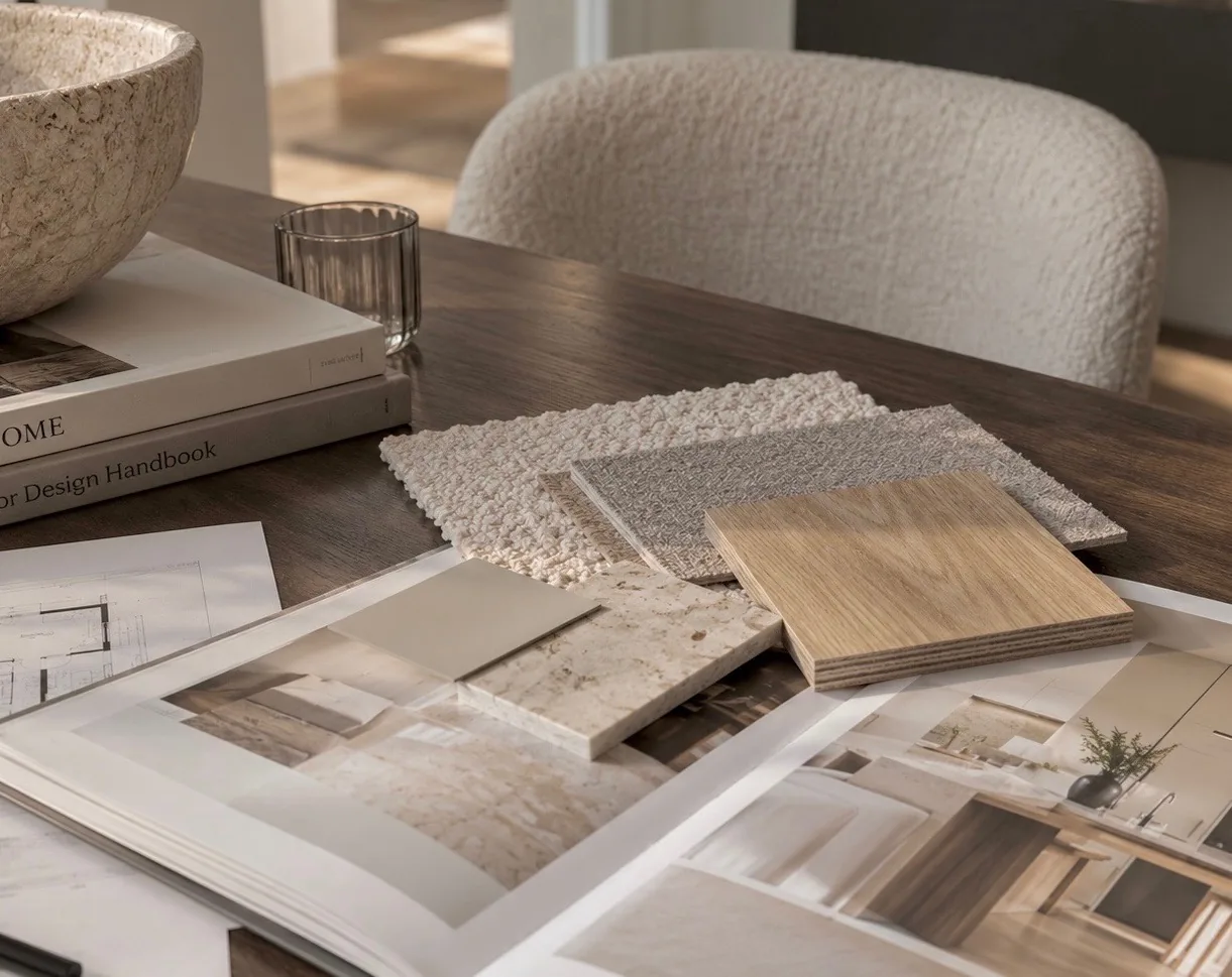 Vzorky materiálů, textilií a designových knih na stole při návrhu interiéru