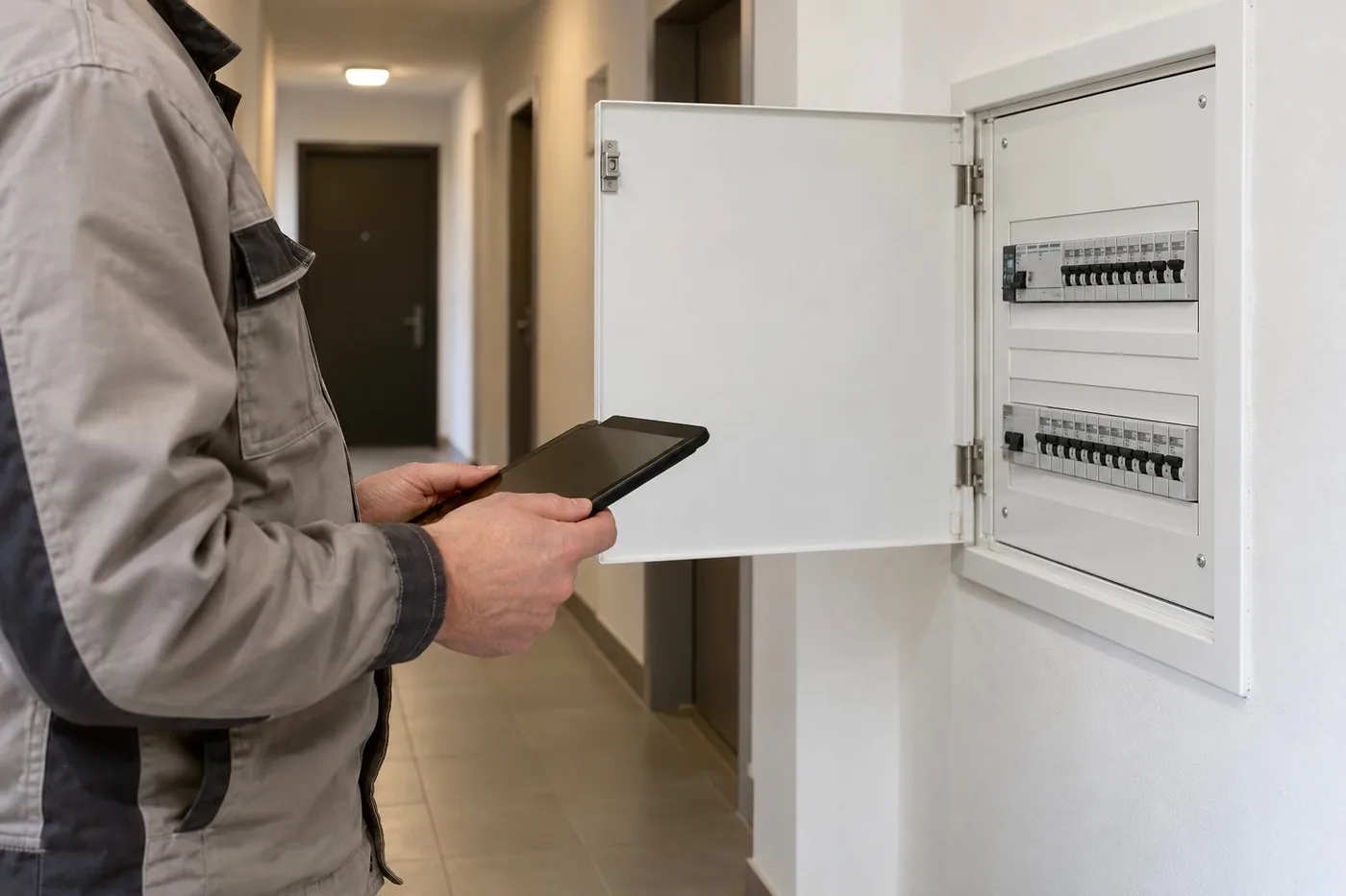 Technik s tabletem u otevřeného elektrického rozvaděče